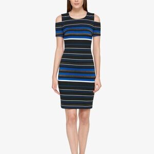 Tommy Hilfiger Cold Shoulder Striped Sheath Dress Black Blue Gold Metallic 14